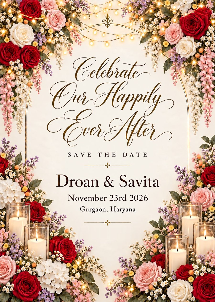Save the Date. Celebrate our happily ever after. Droan and Savita, 23rd November 2026, Gurgaon, Haryana.